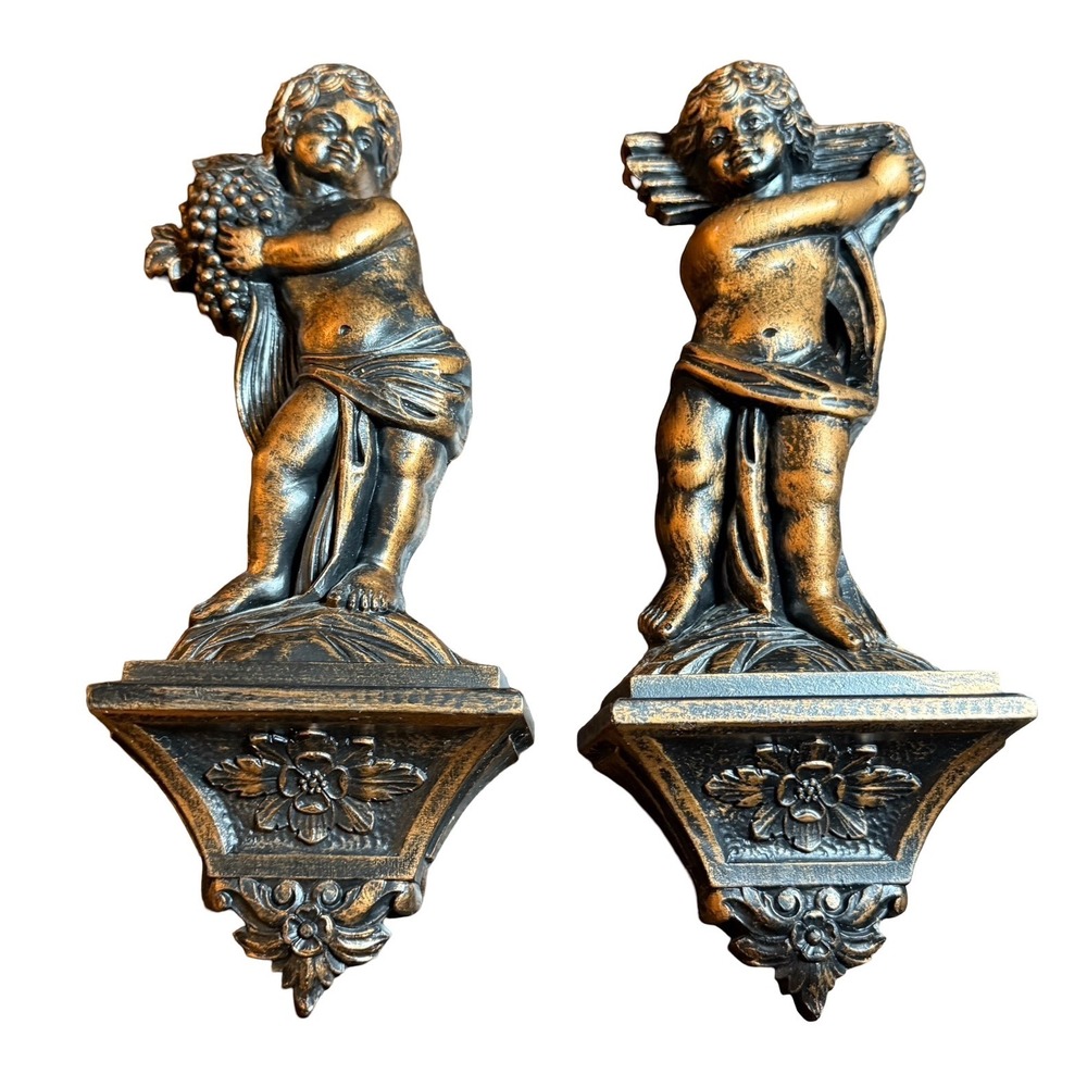 Coppercraft Guild Cherub Wall Art Set Dart Bronze Plastic VTG Baroque Hollywood